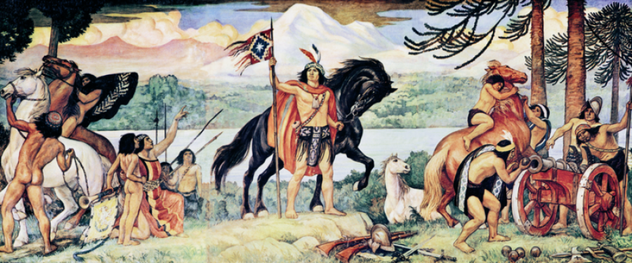 "El joven Lautaro", guerrero mapuche, tríptico de Pedro Subercaseaux (1880¿1956)