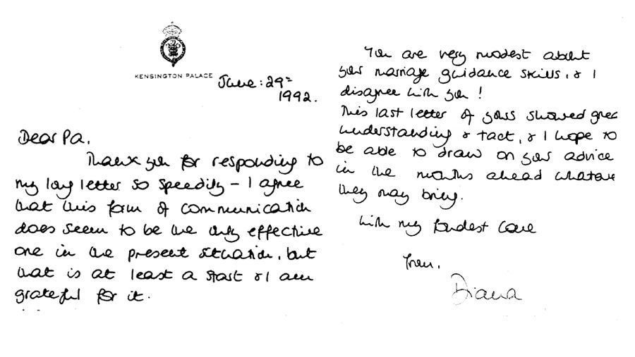 Cartas de Lady Di al príncipe Felipe, duque de Edimburgo, escrita en 1992.