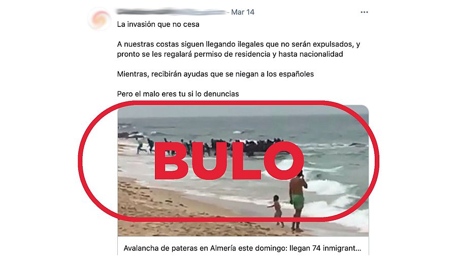 Publicación en Twitter que habla de una "invasión que no cesa" con el sello de bulo.