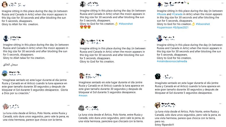 El mismo texto del bulo falso de la Luna repetido por varios usuarios, en inglés y en español