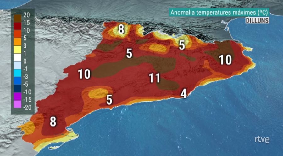 Mapa d'anomalia de temperatures màximes