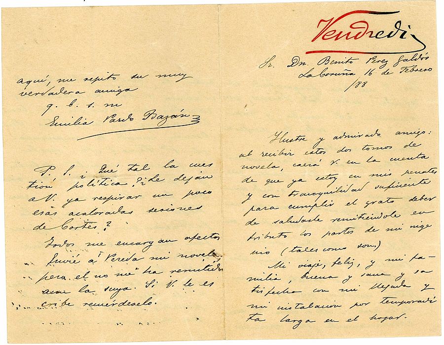 Una de las cartas de amor de Bazán a Galdós