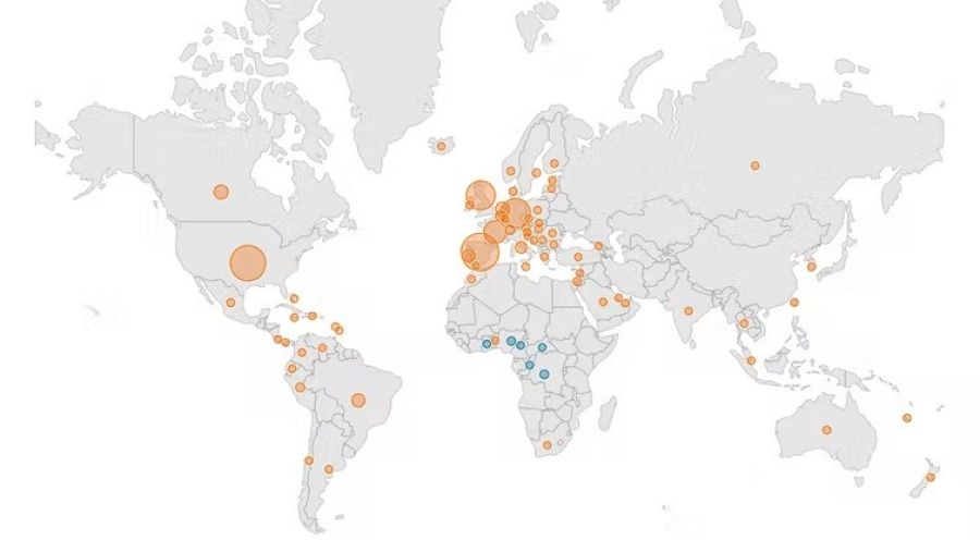 Países con casos de viruela del mono. En naranja, los países que han reportado casos en 2022. En azul, los países que han reportado casos en años anteriores.