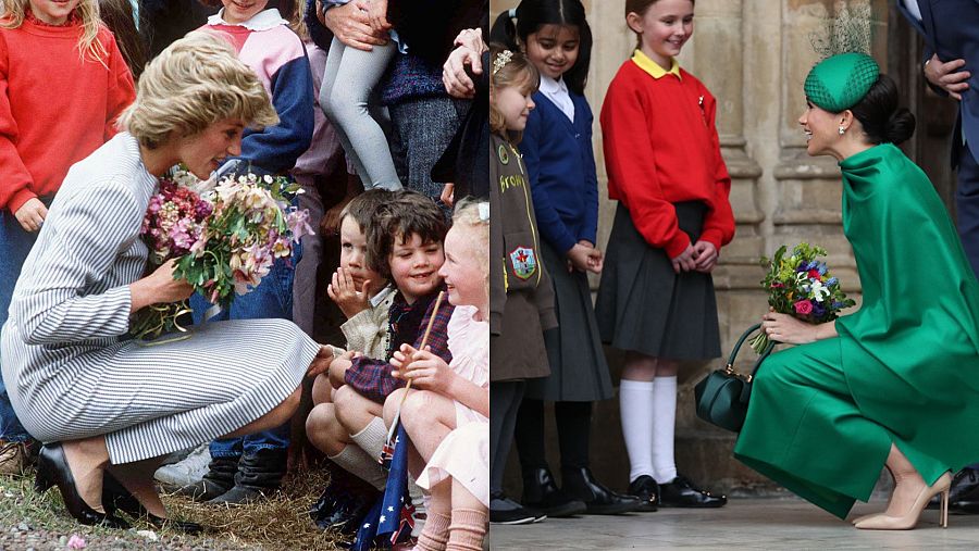 Meghan Markle y Lady Di saludando a unos niños