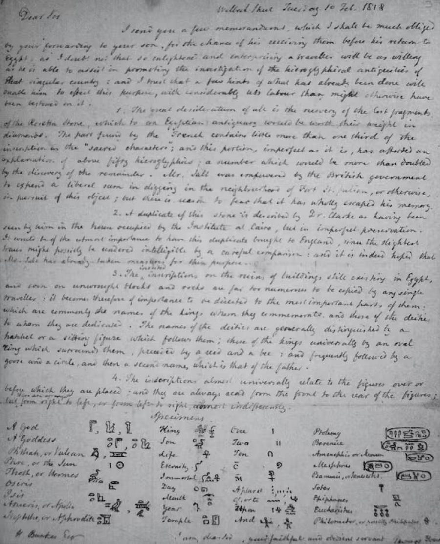 Carta de Thomas Young a William Banks con una descripción de algunos jeroglíficos. 