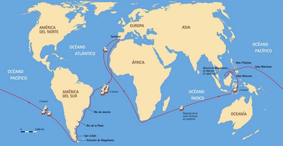 mapa vuelta mundo. magallanes elcano