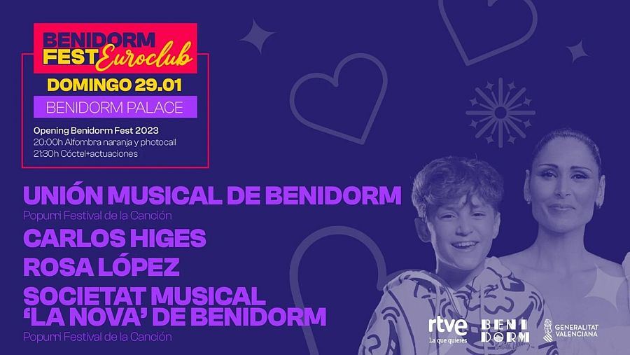 La Unión Musical de Benidorm, Carlos Higes y Rosa López actúan en la ceremonia de bienvenida del Benidorm Fest 2023