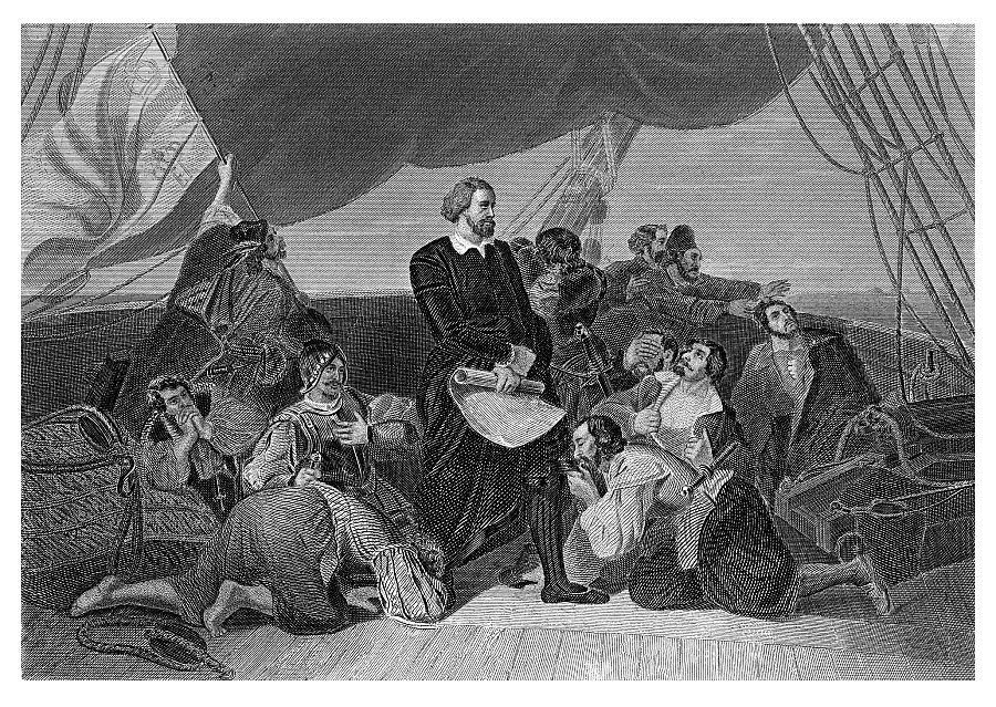 Old engraved illustration of Italian explorer Christopher Columbus in 1492 standing among his crew aboard the Santa Maria
