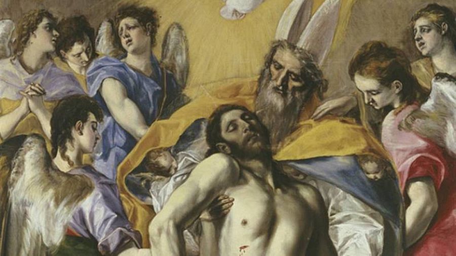 Imágen del cuadro de La Trinidad, del Greco, en el que representa a Cristo muerto sostenido parcialmente por Dios Padre, sentado en un trono de nubes, acompañado por la paloma, símbolo del espíritu santo, y rodeado de un grupo de ángeles.