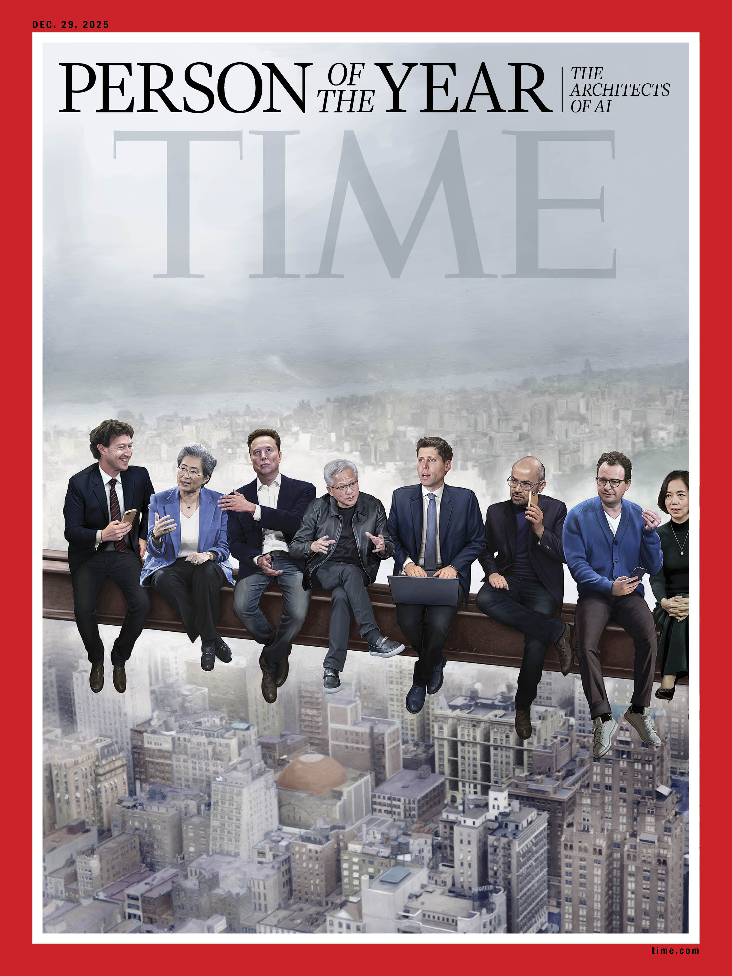 Los arquitectos de la Inteligencia Artificial, elegidos 'Personas del Año 2025' La portada de la revista Time muestra a ocho personas posando sobre una viga de acero con una ciudad de rascacielos como telón de fondo. Los individuos, vestidos con atuendos variados, parecen ser los "Arquitectos de la IA", Personas del Año 2025.