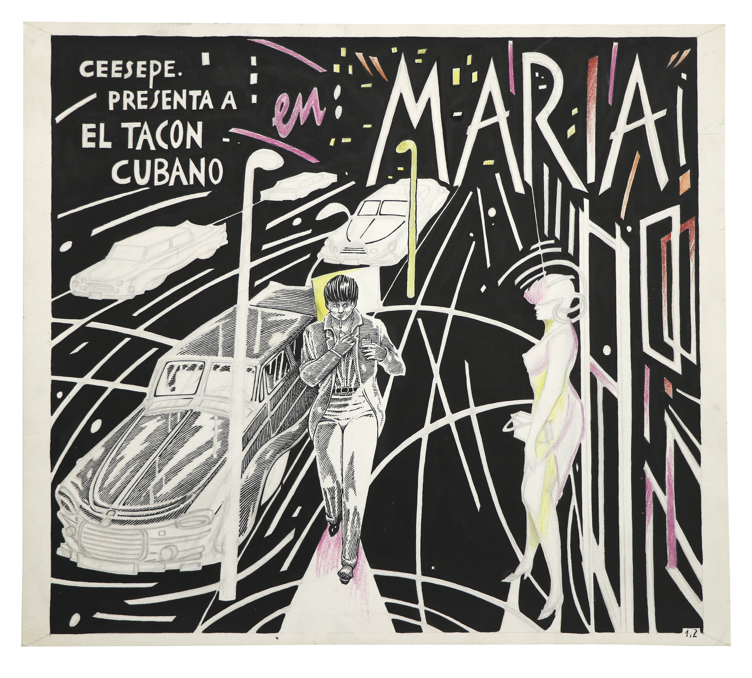 Ceesepe. El Tacón Cubano en: 'María', 1980. Tinta china sobre cartón, 20 x 45 cm. Historia original incompleta, 33 pp. Publicada originalmente en El Víbora, nº 15 (1980), Barcelona, La Cúpula.