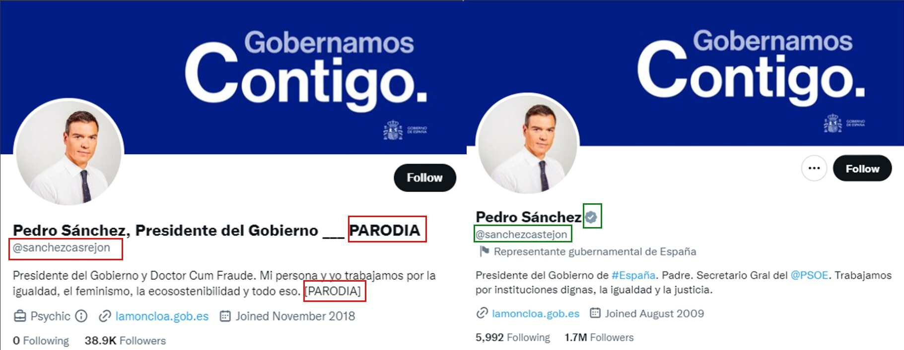 A la izquierda, la cuenta parodia de Pedro Sánchez, y a la derecha, la cuenta real y verificada del presidente del Gobierno