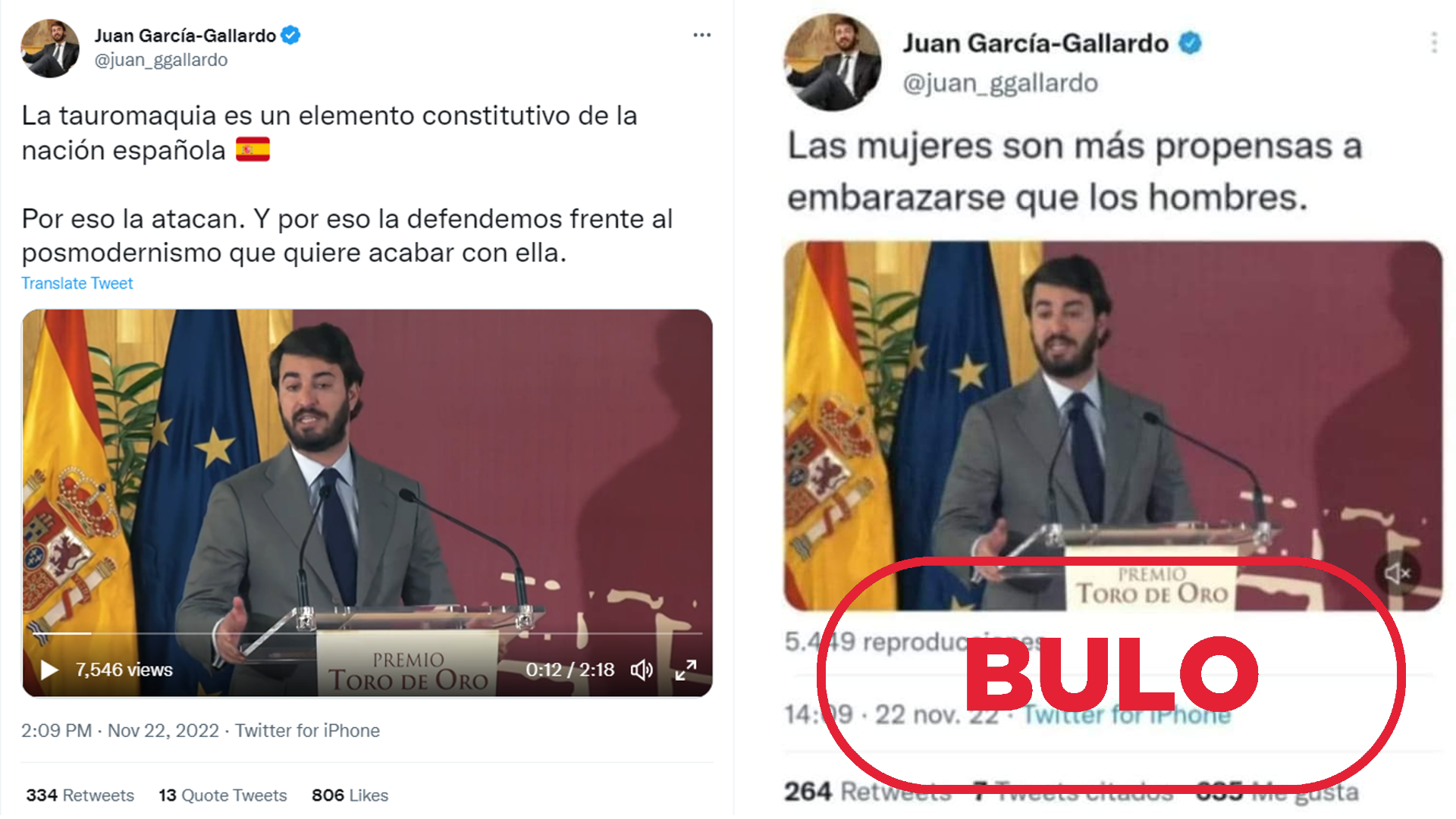 A la izquierda, tuit real publicado por Juan García-Gallardo. A la derecha, captura manipulada que difunde el bulo, con el sello 'bulo' en rojo
