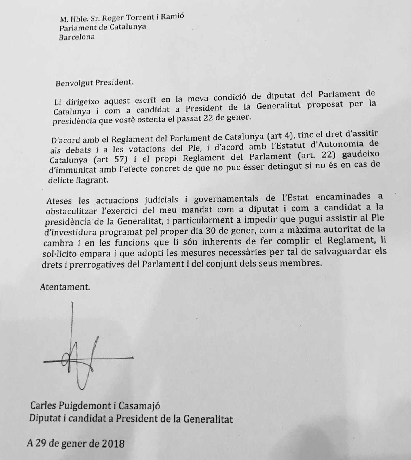 Escrito de Puigdemont dirigido a Roger Torrent.