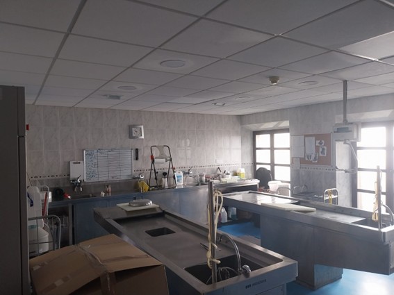 Estado instalaciones Instituto Medicina Legal de Toledo Interior de una sala de autopsias con mesas de acero inoxidable, encimeras con armarios azules y una pizarra con anotaciones. La sala, con luz natural, incluye una báscula y una escalera.