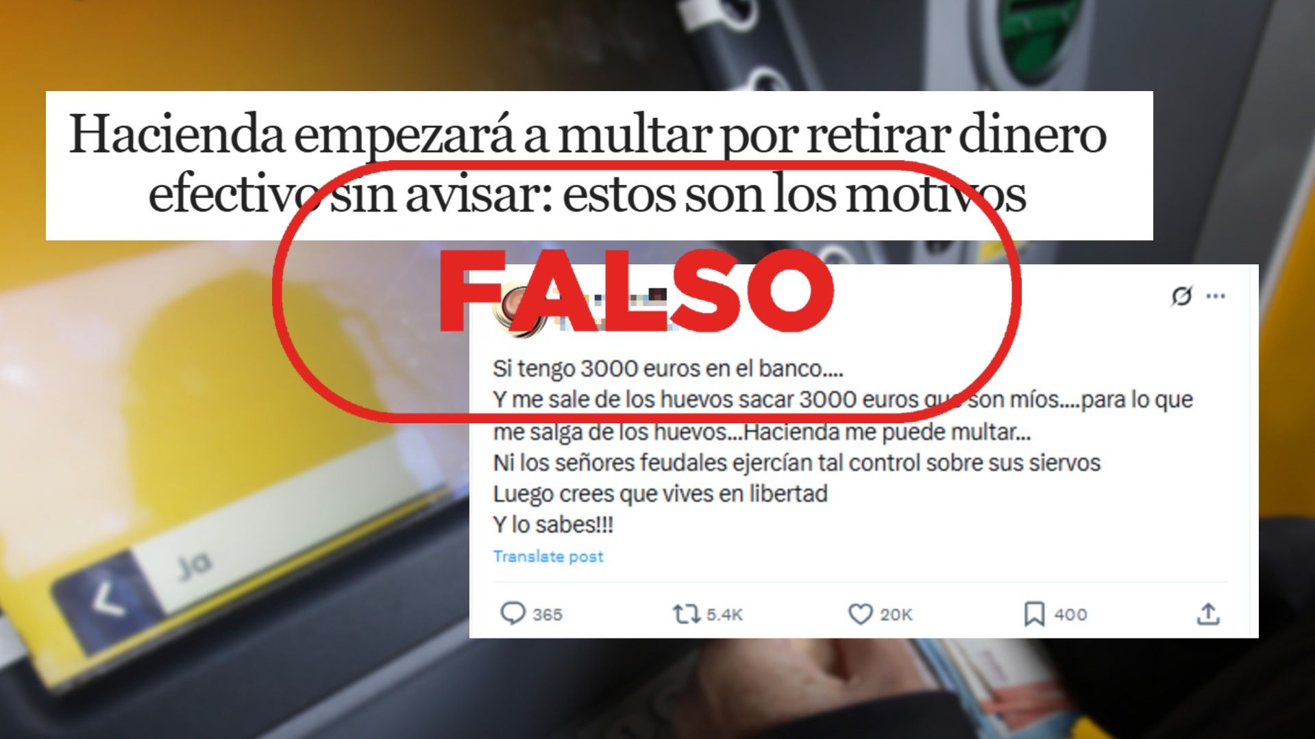 Hacienda no te multa por retirar 3.000 euros del banco, es falso