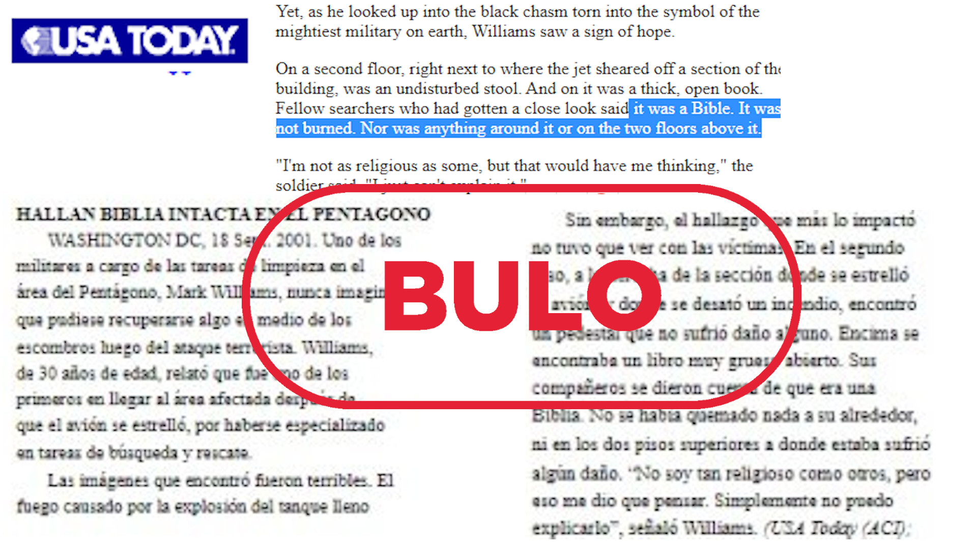 Fragmentos del artículo en inglés y en español sobre el supuesto hallazgo de una biblia no quemada en el Pentágono