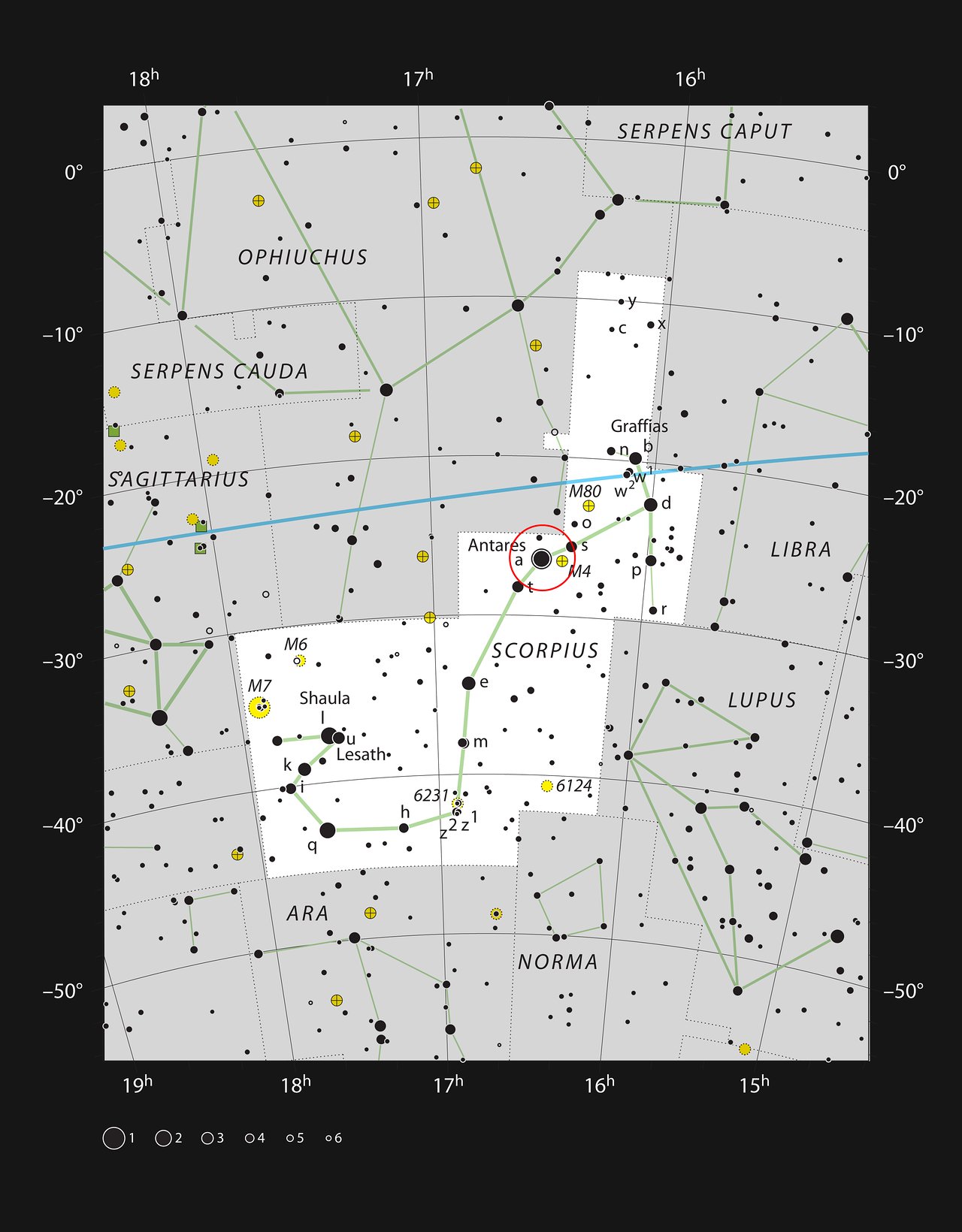 Gráfico que muestra la constelación de Escorpio. En el corazón de este grupo de estrellas se encuentra la supergigante roja Antares. ESO
