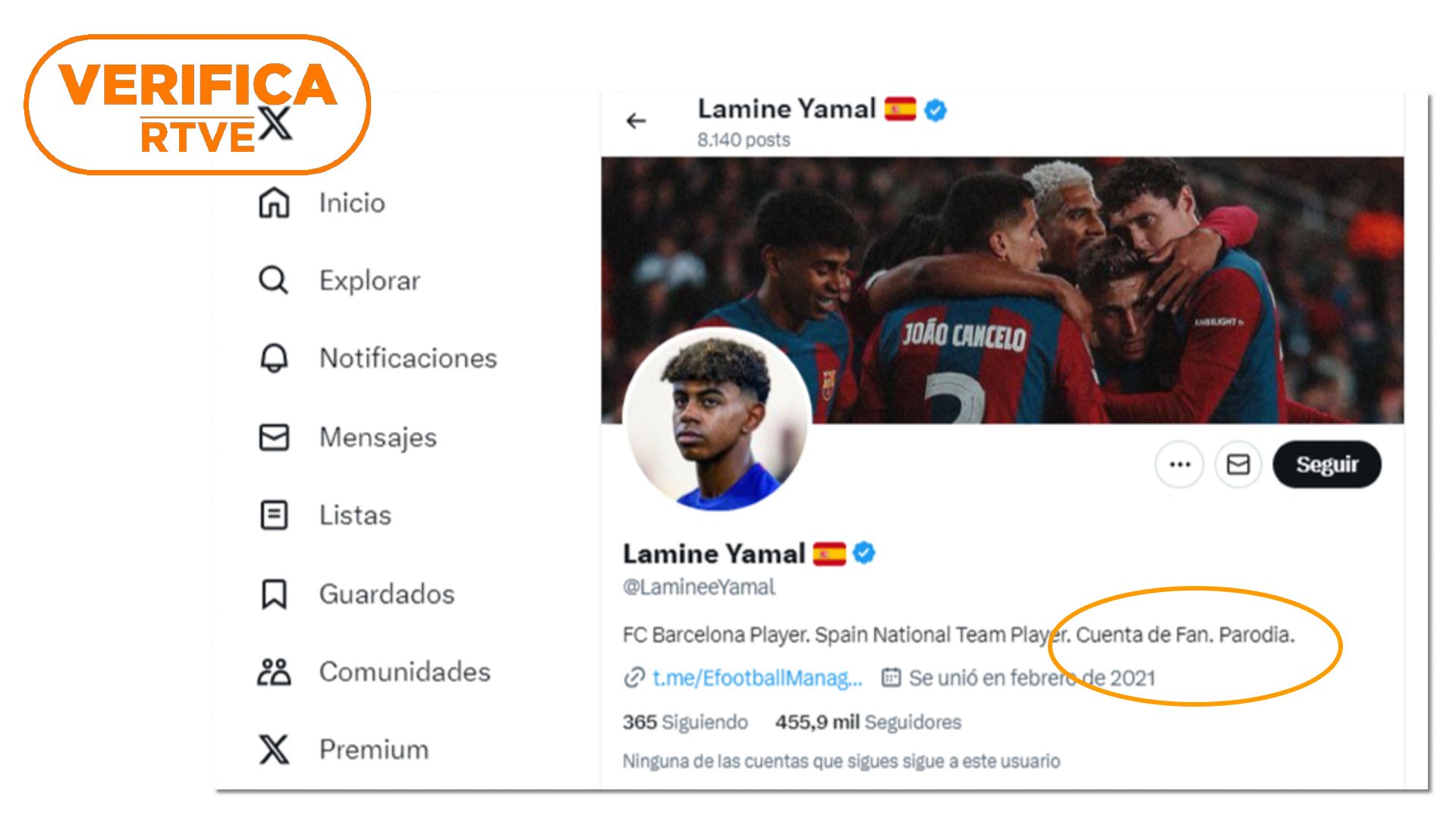 Imagen del 11 de julio de 2024 del perfil de X que utiliza el nombre y una fotografía del futbolista Lamine Yamal y se presenta como "cuenta de fan" y "parodia"