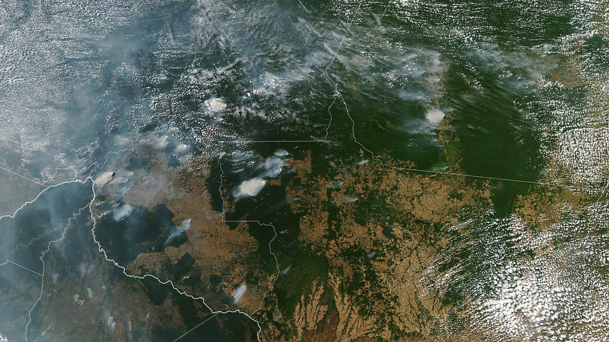 Imagen de satélite de los incendios en la Amazonía. Son visibles incendios en los estados de Amazonas (arriba, centro izquierda), Para (arriba a la derecha), Mato Grosso (abajo a la derecha) y Rondonia (abajo, centro) el 11 de agosto de 2019.