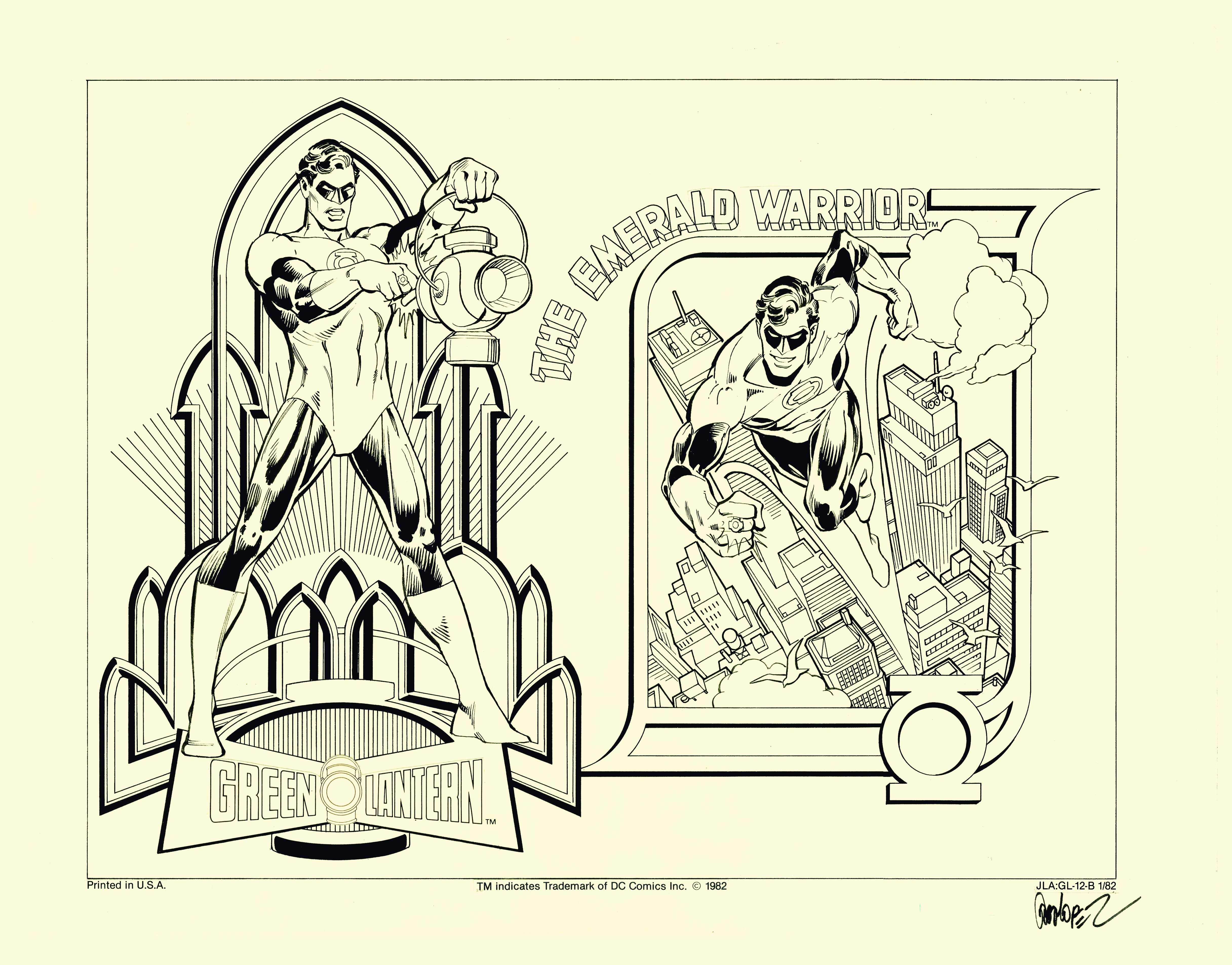 JOSÉ LUIS GARCÍA LÓPEZ GREEN LANTERN: THE EMERALD WARRIOR DC Comics, EE. UU., 1982 Ilustración para merchandising Collage con tinta y lápiz sobre cartulina 304 x 400 mm Colección privada