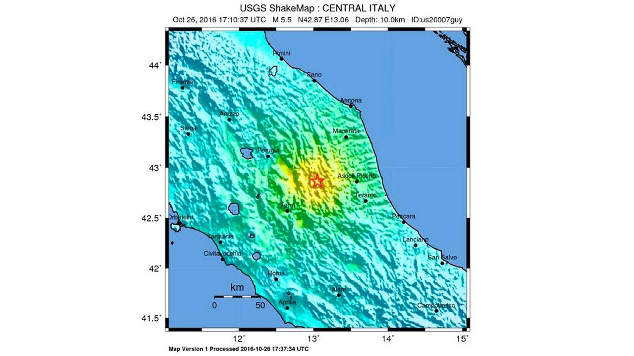 Mapa del Servicio Geológico de Estados Unidos que muestra la ubicación del epicentro del terremoto