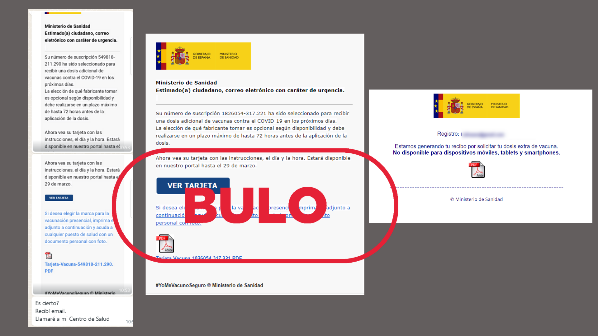 Mensaje de correo que suplanta al Ministerio de Sanidad, con el sello bulo en rojo de VerificaRTVE