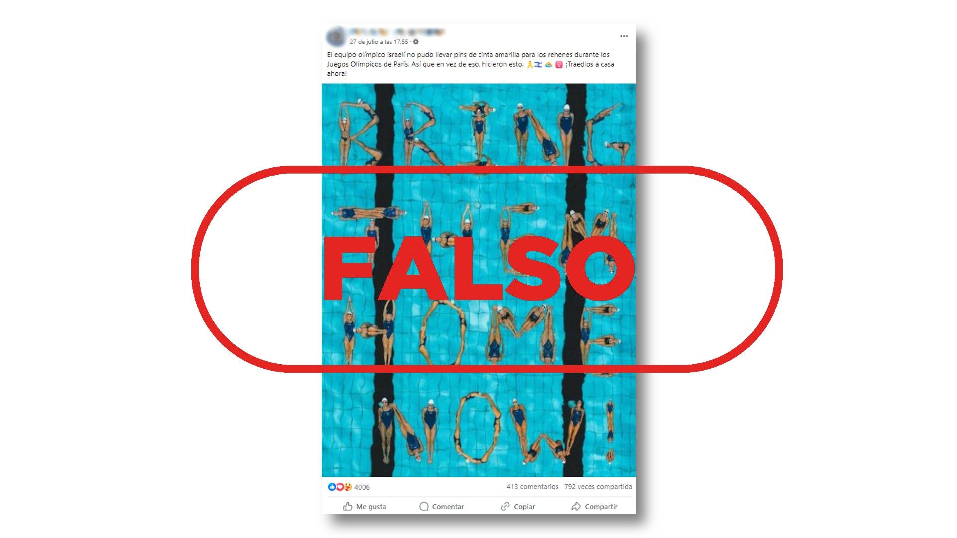 Mensaje de Facebook que comparte la fotografía como si hubiese tenido lugar en los Juegos Olímpicos de París 2024