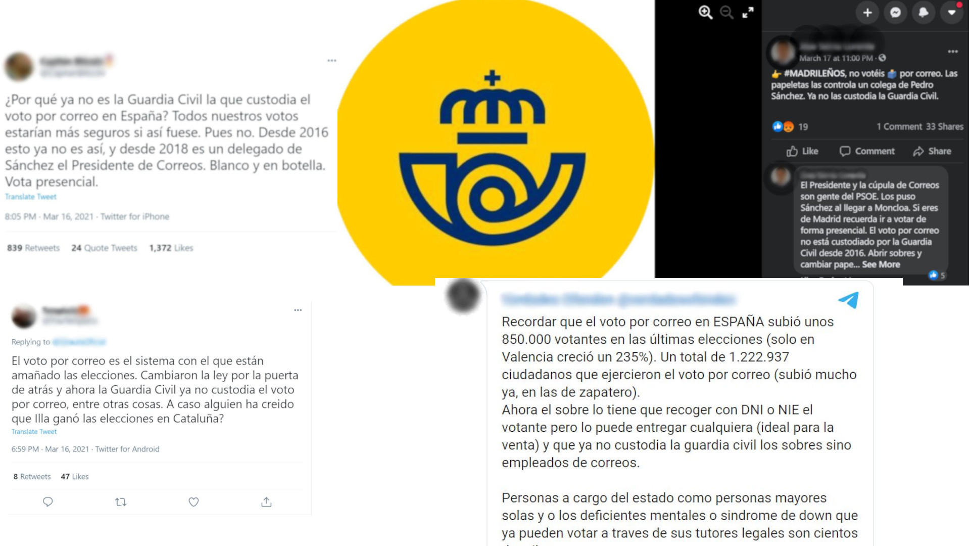 Mensajes de Twitter, Facebook y Telegram que dicen que la Guardia Civil custodiaba el voto por correo