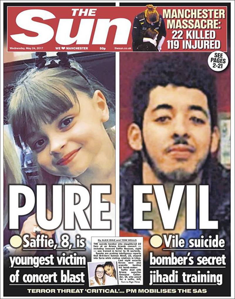 Portada del diario británico 'The Sun': A la izquierda, Saffie Rose, la víctima más joven hasta ahora del atentado de Mánchester; a la derecha, Salman Abedi, el presunto terrorista.