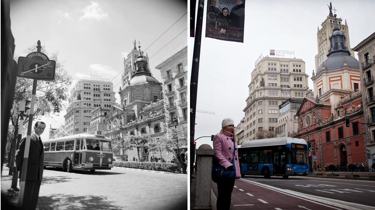 Trolebús linea 3 en 1954 y foto actual de la misma zona (Madrid) Trolebús linea 3 en 1954 y foto actual de la misma zona (Madrid)