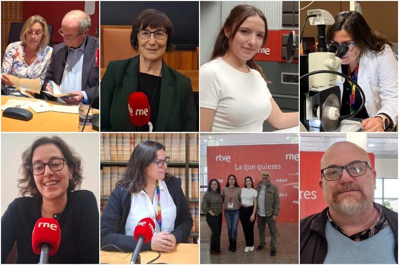 Utiliza las flechas laterales para conocer a los intervinientes. La composición fotográfica incluye retratos de personas con gafas y micrófonos, así como imágenes de individuos en entornos como laboratorios y frente a estanterías. Se observan carteles con logos de radio.
