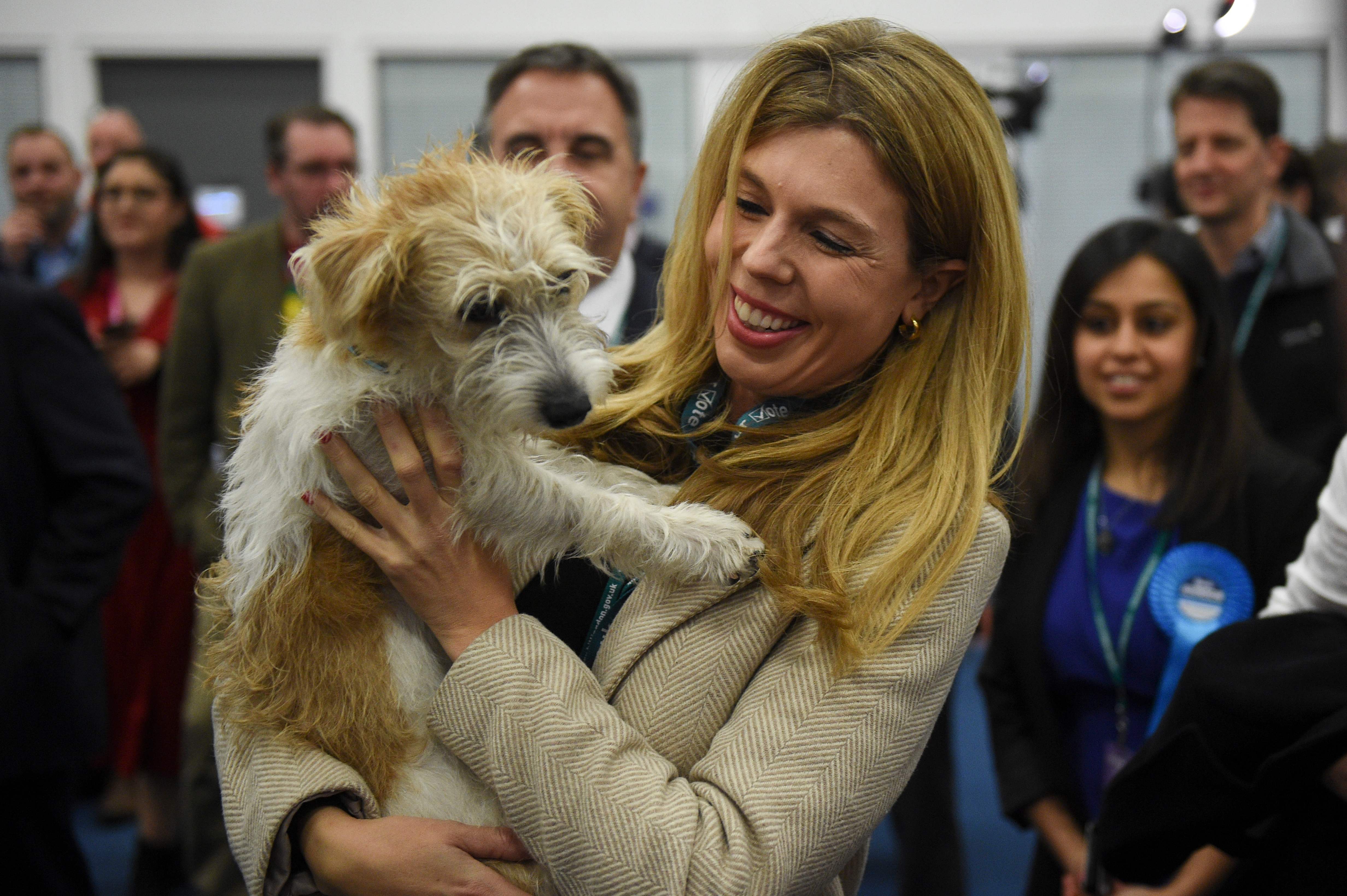 Victoria de Boris Johnson Carrie Symonds, pareja del primer ministro británico con su perro Dylin en el centro de recuento de Uxbridge.