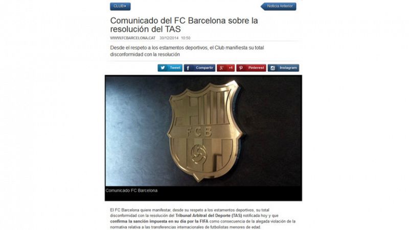 El Barça expresa su "total disconformidad" y no descarta acudir a la justicia ordinaria