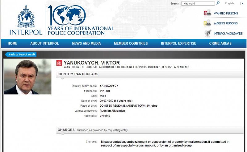 La Interpol pone en su lista de buscados al expresidente ucraniano Viktor Yanukóvich