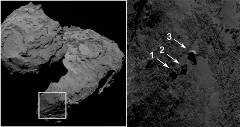 Observan tres enormes piedras oscilantes en el cometa 67P