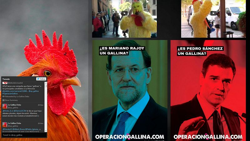 UPyD se disfraza de gallina para seguir a Rajoy, Sánchez, Rivera e Iglesias y denunciar su exclusión de los debates