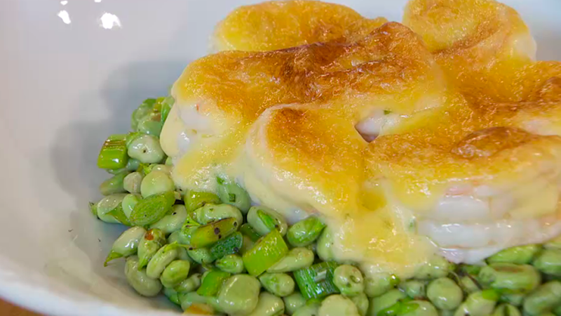 Receta de habitas con langostinos