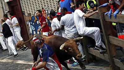 Segundo encierro de San Ferm�n 2016 muy peligroso con siete corneados por los toros de Cebada Gago