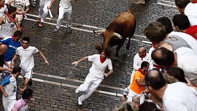 Cuarto encierro de San Ferm�n 2016 muy r�pido y accidentado con los Pedraza de Yeltes