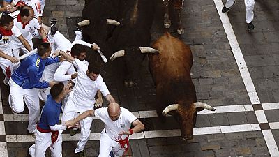 Quinto encierro de San Ferm�n 2016 muy r�pido con los toros de Jandilla muy agrupados