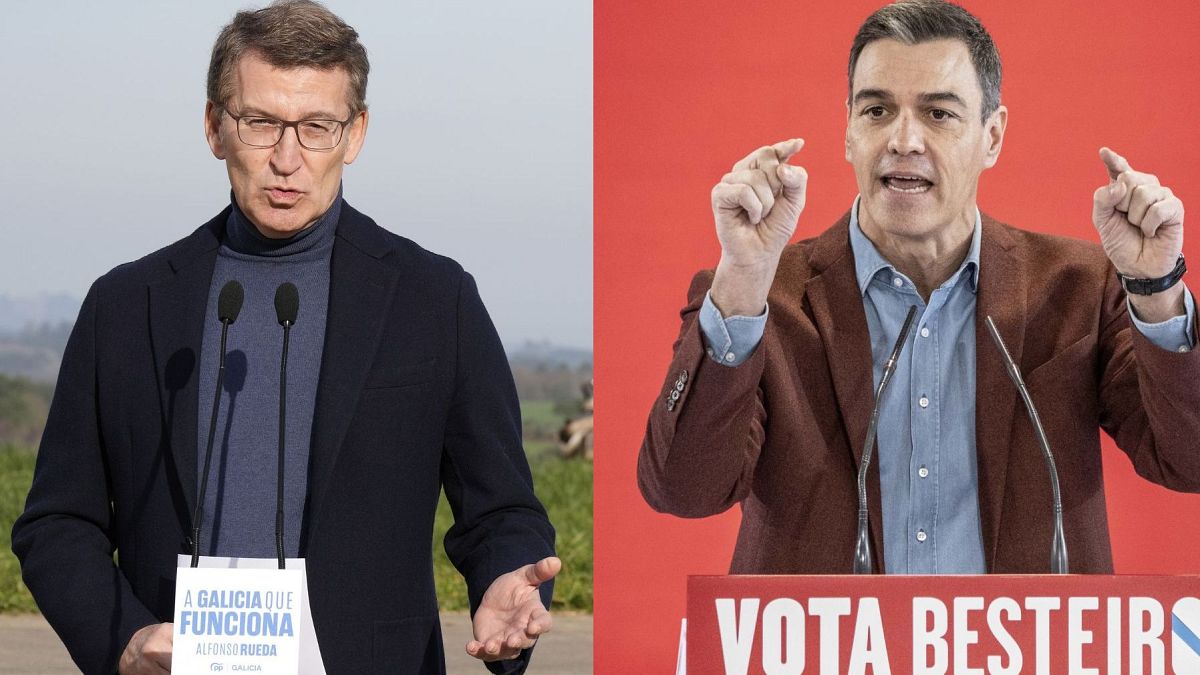 El lder del PP, Alberto Nez Feijo, y el presidente del Gobierno, Pedro Snchez, durante la campaa gallega