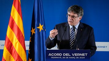El expresidente de la Generalitat Carles Puigdemont interviene en un acto este martes
