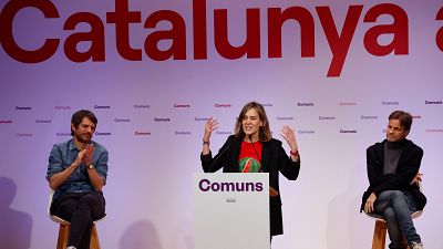 La lder de Catalunya en Com, Jssica Albiach, junto al ministro de Cultura, Ernest Urtasun y el candidato a las europeas Jaume Asens