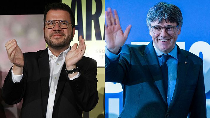 Los candidatos de ERC, Pere Aragons, y de Junts, Carles Puigdemont, este sbado