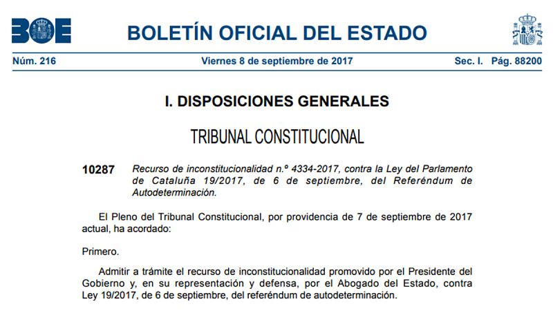 El BOE publica la suspensión de la ley del referéndum y su convocatoria