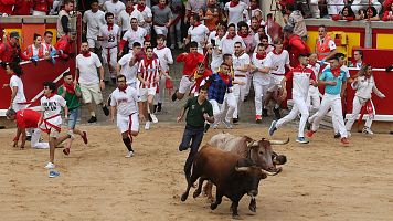 San Fermn 2024: los toros de La Palmosilla entran en la plaza de toros en el primer encierro de 2023