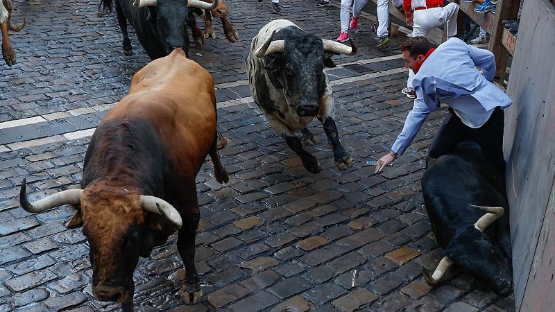 Mejores imgenes del segundo encierro de San Fermn 2024: tenso con la veloz manada de Cebada Gago dividida