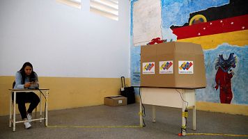 Un centro de votacin instalado en una escuela, en Caracas, antes de las elecciones presidenciales de Venezuela.