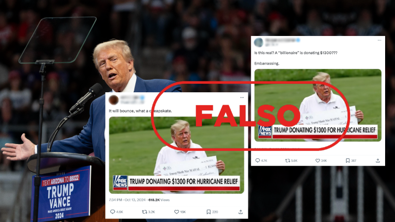 Fox News no ha emitido esta foto de Donald Trump con un cheque de 1.300 dólares, está creada con IA